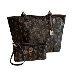 Dooney & Bourke Susanna Tote & Wristlet Set Black Monogram Leather Vintage